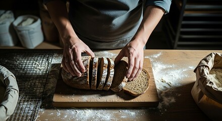 Hands slicing freshly baked whole grain bread on wooden board in rustic kitchen