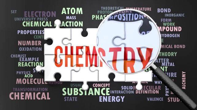 Chemistry under magnifying glass, being researched, studied and examined. Most important subjects and ideas closely related to chemistry written around a puzzle.Can be looped.