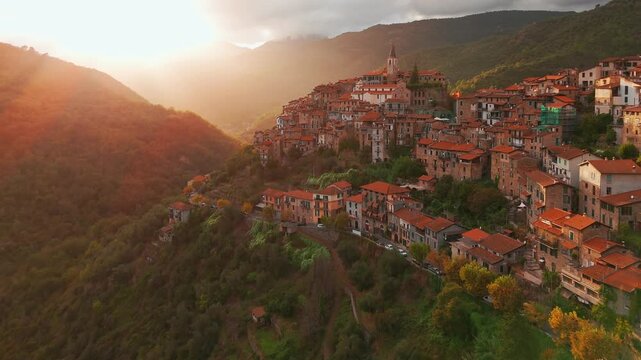 Aerial view of the picturesque hilltop town of Apricale, Liguria, Northern Italy