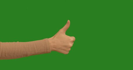 Gestures female Hand OKAY OK CLASS, peace, palm and fingers, everything is good on chroma key green screen background. Make symbols with hand on Green screen.