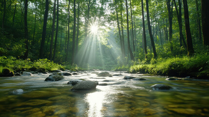 Obraz premium Serene flowing stream under lush forest canopy, illuminated by cinematic sunbeams