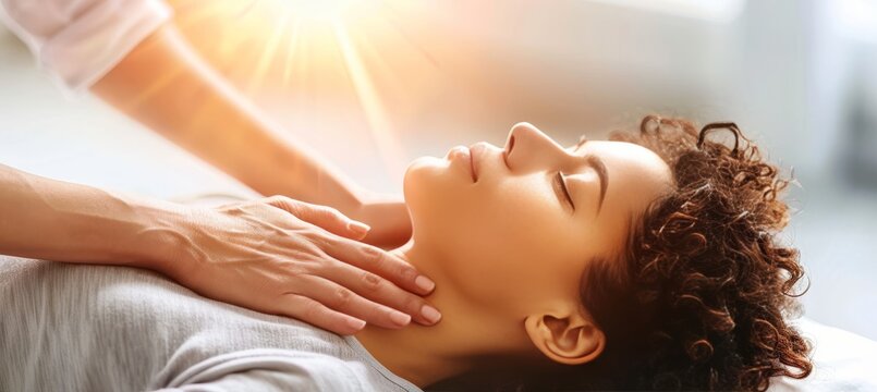 Tranquil acupuncture session  a woman relaxing as a specialist provides gentle support and care