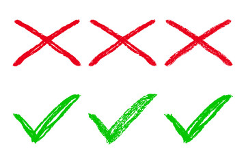 Hand Drawn Right and Wrong Icons. Green Checkmark and Red Cross Vector Illustration Isolated on White Background © Nezamur