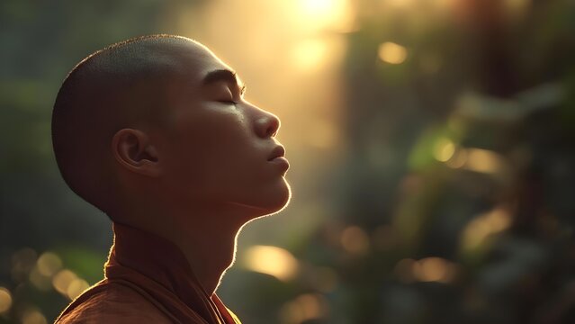 A young monk with a shaved head and saffron robes, eyes closed, bathed in warm golden sunlight. Concept Meditative Monk Portrait, Golden Hour Glow, Saffron Robes, Quiet Contemplation - Powered by Adobe