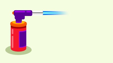 A close-up of a red and purple blowtorch prepared for caramelizing food, emphasizing its metal nozzle and steady blue flame used in precise culinary applications. - Powered by Adobe