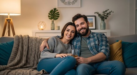 Happy couple sitting on couch in cozy living room holding glass of whiskey