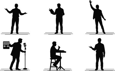 Obraz premium Silhouettes of people speaking, presenting, reading, or performing, public speaking, lecturer, presenter, communicator, announcer, raising hand, vintage microphone, isolated illustration.