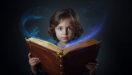 Young girl reading magic book fantasy story education imagination knowledge learning and adventure concept on transparent background