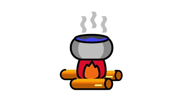 A metal pot hangs above a bright campfire, showing the traditional outdoor method of boiling or cooking food in nature, radiating warmth, simplicity, and rustic adventure