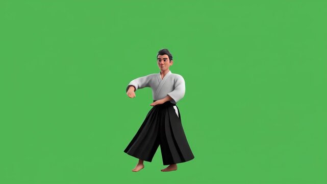 Aikido Master Demonstrates Techniques on Green Screen Background.