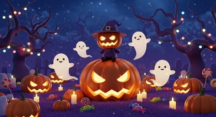 Adorable 3D Halloween scene: Witch Jack-o'-Lantern sitting on a giant pumpkin with cute ghosts, candy, and candles in a dark spooky forest.