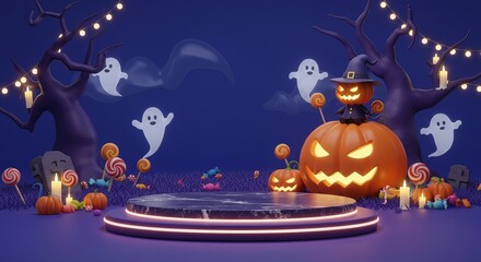 Halloween Product Display Stage with Glowing Jack-o'-Lanterns, Flying Ghosts, and Dark Spooky Trees. 3D Render E-commerce Mockup.