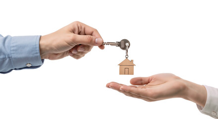 Real Estate Agent Giving House Keys to New Homeowner, Property Ownership Transfer, Buying Home Concept Isolated on Transparent Background, png
