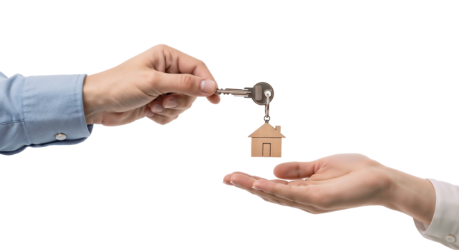 Real Estate Agent Giving House Keys to New Homeowner, Property Ownership Transfer, Buying Home Concept Isolated on Transparent Background, png
