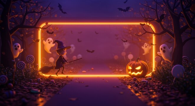 Cute witch flying over a spooky Halloween path with glowing neon frame, jack-o'-lantern, ghosts, bats, and trees.