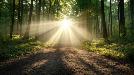 Fototapeta premium Sunlight beams shining through trees in serene forest trail, creating magical atmosphere