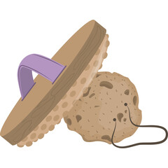 Geta Japanese Wooden Sandal With Purple Strap Paired With A Textured Round Pumice Stone Connected By A Thin Black Cord On A Transparent Background