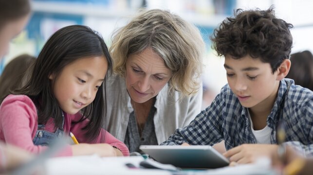 Elementary school teacher helping diverse students using digital tablet in classroom