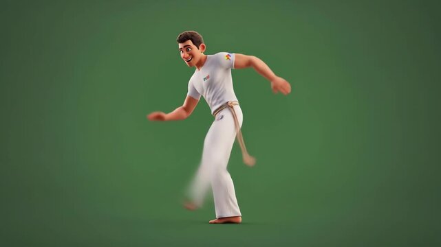 Animated Man Performing Capoeira Moves on Green Background.
