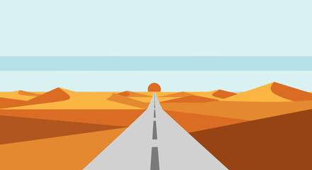 Road stretches towards the horizon under a bright desert sun, a long journey.
