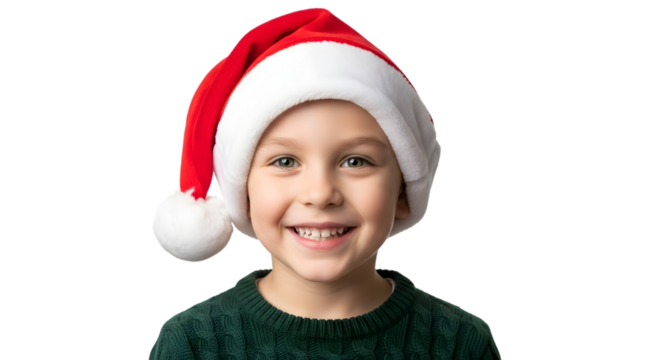 A happy young boy wearing a santa hat and a green sweater, isolated on transparent background