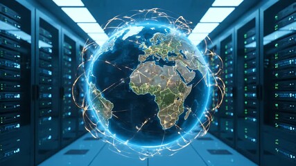 Global Network Data Center: Digital Earth with Glowing Connections in Server Room, Symbolizing Internet and Worldwide Connectivity. - Powered by Adobe