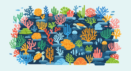 Vibrant Underwater Coral Reef Ecosystem with Marine Life.