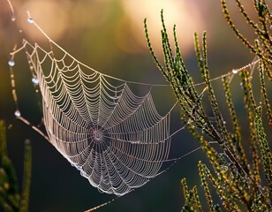 spider web glistens with morning dew