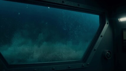 A massive sea creature swims near an underwater window, revealing its sharp teeth. The scene occurs in a dark ocean setting, showcasing the eerie and fascinating underwater world
