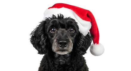 A black poodle wearing a santa hat, isolated on transparent background
