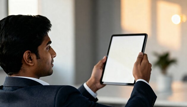 Man in business suit holding digital tablet with blank screen indoors