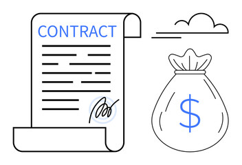 Scroll-thumbs up contract paper with signature, accompanied by a money bag and subtle cloud accent. Ideal for agreement, finance, business, deal, payment, negotiation partnership. Simple flat