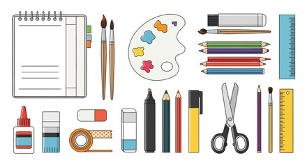 Art supplies collection for creative projects and school tasks.