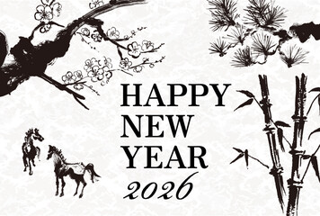 2026年　午年　年賀状用はがきテンプレート　干支の馬の筆手書きイラスト