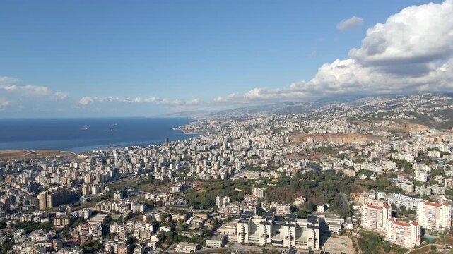 Drone areal shot of Beirut, Lebanon showing the northern parts of city.