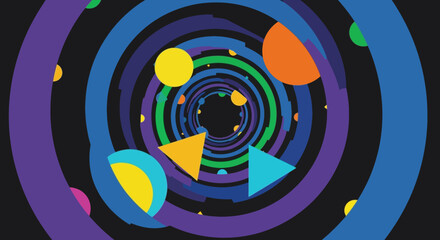 Colorful spiral tunnel with geometric shapes floating in space.