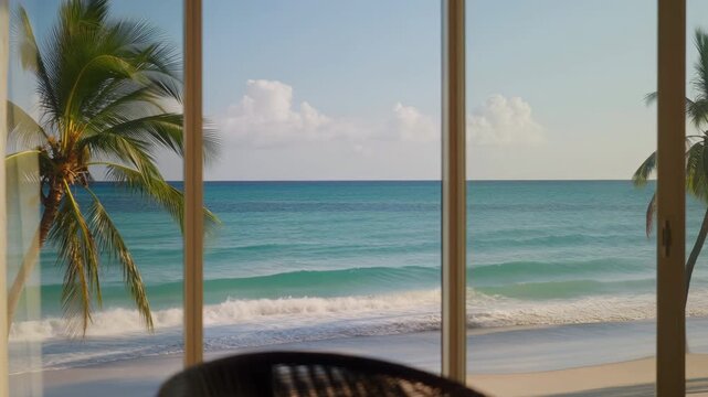 Gaze at the beautiful sandy beach and clear blue ocean through a large window. The scene features swaying palm trees under a bright sky, perfect for a peaceful getaway