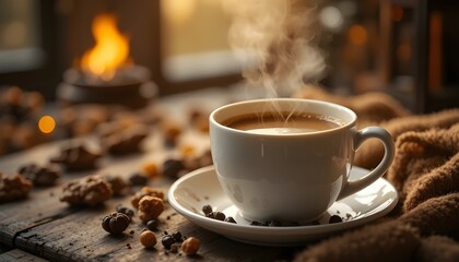 Fototapeta premium Warm cup of coffee with cozy background.