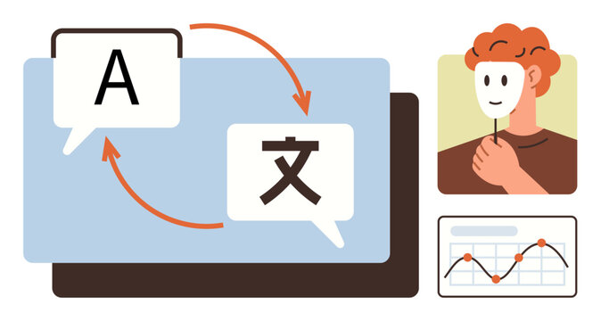 Speech bubbles with arrows representing translation, person holding mask symbolizing identity, and graph showcasing data trends. Ideal for translation, linguistics, identity, analytics