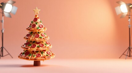 A festive christmas tree made of pizza in a studio setting with lights, a creative and humorous holiday advertising concept