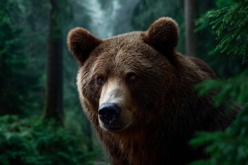 Majestic Brown Bear Emerges from Dark Forest, Mystical Atmosphere, Wildlife Portrait