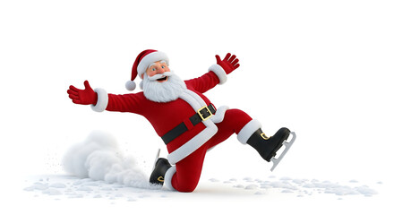 Santa Claus is shown falling on his knees while ice skating in the snow, with his arms outstretched.