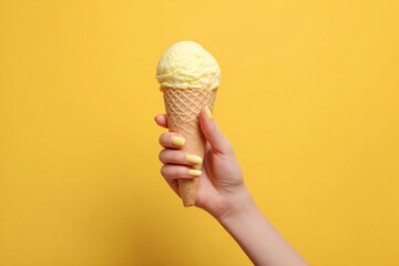 Female hand with yellow manicure holding ice cream cone on bright yellow background