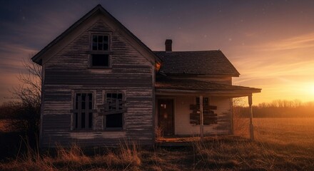 Abandoned house in rural field at sunset