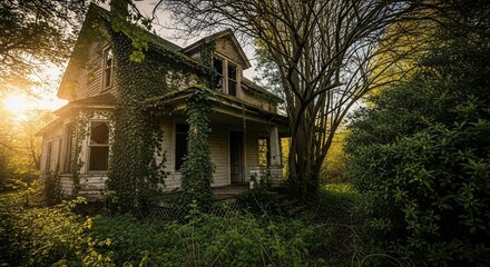 Abandoned house in overgrown nature landscape rural architecture