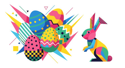 Fototapeta premium A Vibrant Geometric Easter Celebration with Colorful Eggs and a Playful Bunny