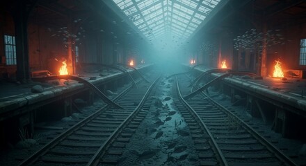 Abandoned train station with fire and overgrowth