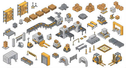 Isometric Warehouse Automation Icons Pack - Factory Conveyor, Material Handling, Forklifts & Pallets Vector