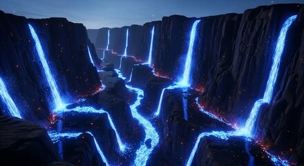 Abstract blue waterfall in dark canyon scenery