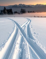 Obraz premium Snowy field with ski tracks leading to mountain range at sunrise